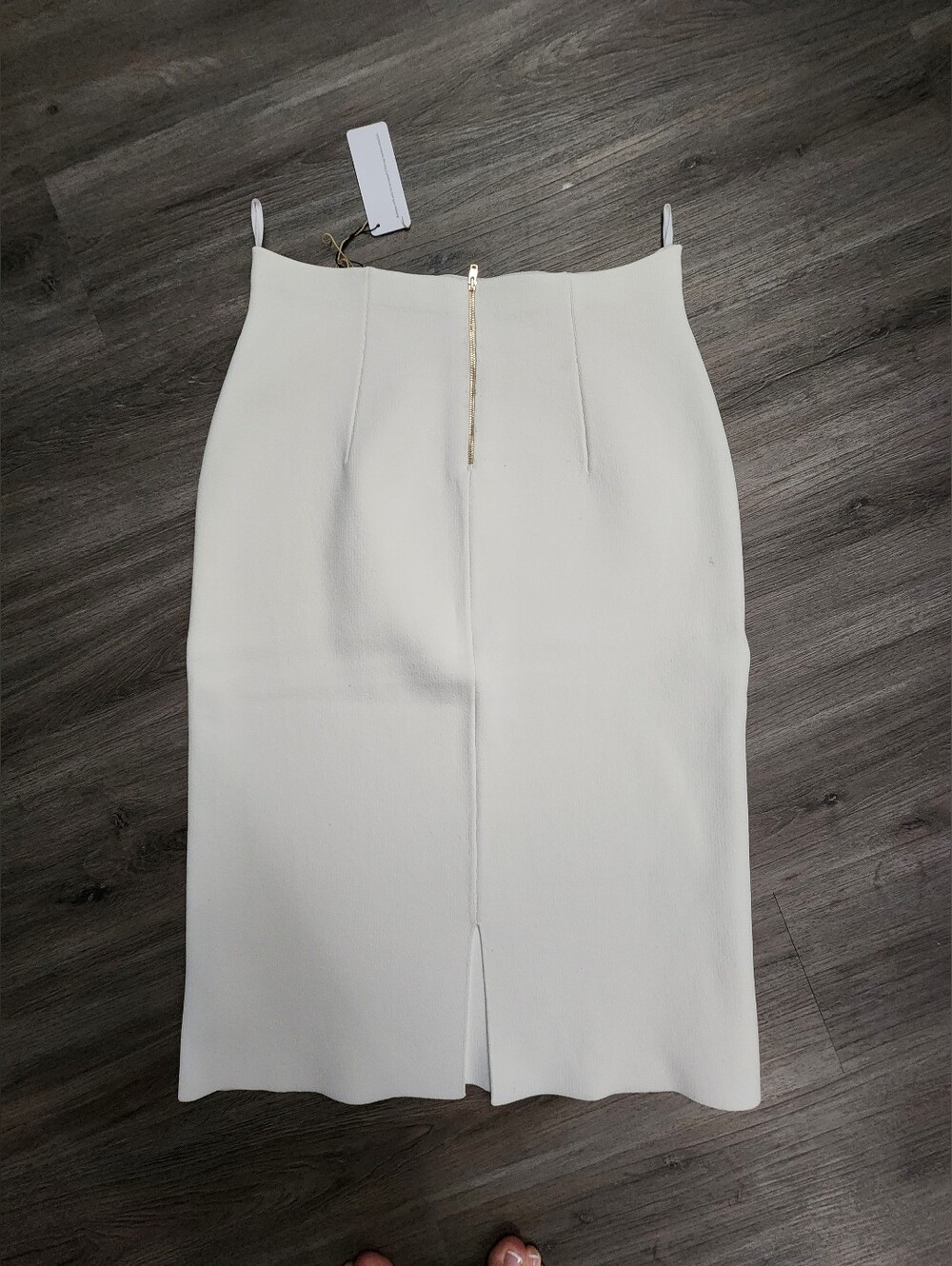 Scanlan Theodore Crepe Knit Pencil Skirt XL Cream Midi Back Slit Gold Zip